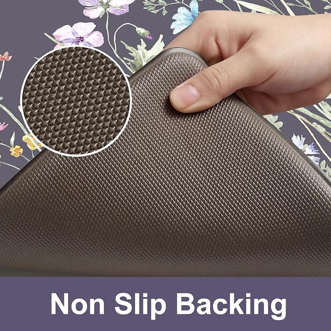 KIMODE Anti Fatigue Kitchen Mat for Floor, Farmhouse Kitchen Runner Rug | Non Slip Cushioned Kitchen Mat for Floor,Memory Foam Kitchen Mat for Laundry,Office,Sink,Dormitory Dark Gray Purple 17.3"x59"