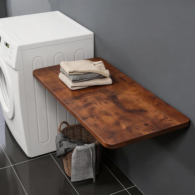 Neoaider Wall Mounted Folding Table 39.4”L x 19.7”W, Laundry Folding Table with Heavy Duty Metal Collapsible Shelf Brackets, Wall Mounted Desk Fold Down for Small Spaces, Brown