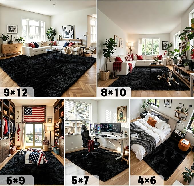 Area Rugs 9x12 Living Room,Large Area Rug Shaggy Carpet Soft Plush Furry Bedside Rug, Machine Washable Area Rugs for Bedroom Home Decor Non-Slip(9 x 12, Black)