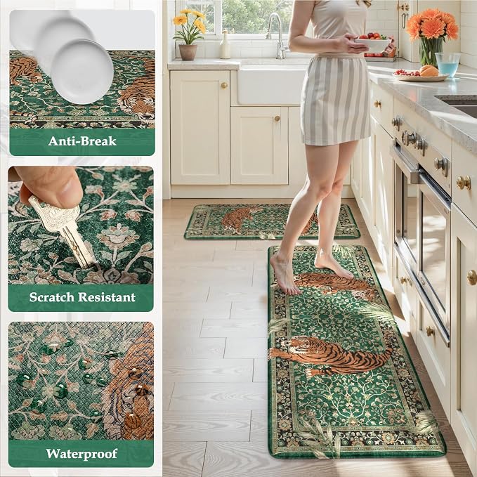 KIMODE Anti Fatigue Mats for Kitchen Floor 17"x47"+17"x29", Cushioned Tiger Kitchen Rugs Sets of 2, Padded Kitchen Floor Mats Non Slip, Comfort Standing Mats for Laundry Office Sink Desk Green
