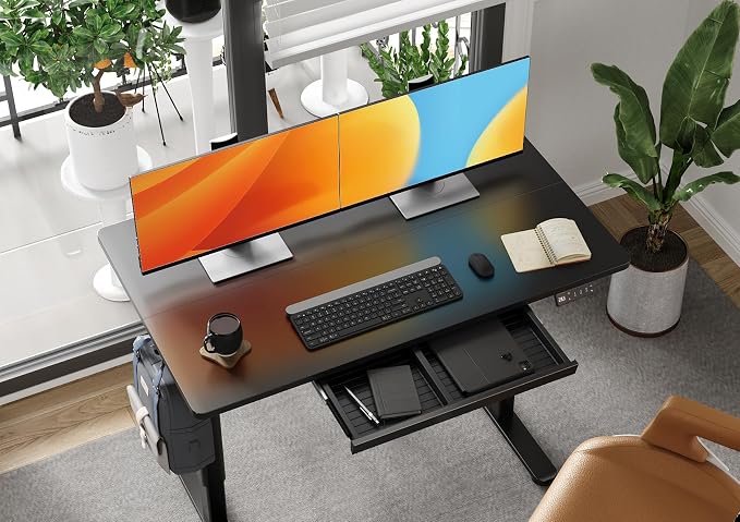 Claiks Electric Standing Desk with Drawer 48 x 24 Inch Black | Metal steel frame, supports 176 lbs, 28.35 to 46.46 inch height range, 3 memory settings, 45 dB motor