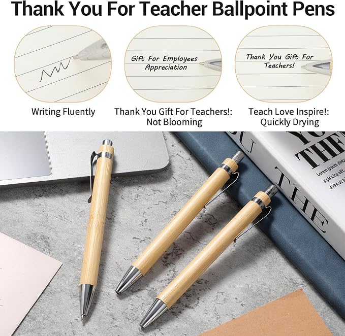 COMNICO 50 Pcs Bamboo Pens Bulk with 50 Pcs Blanks Wooden Keychain, Wooden Bamboo Pens Retractable Ballpoint Pen for Office School Teacher Student Notebook Notepads