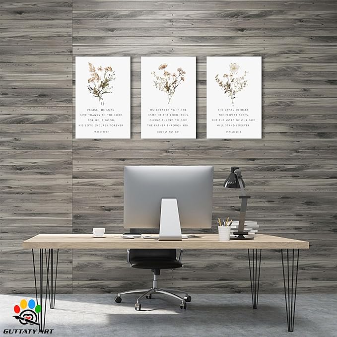 3 Piece Inspirational Canvas Wall Art - Jesus Scripture Wall Art for Religious Wall Decor, Motivational Quotes Plant Print Pictures, Bible Poster Framed Artwork for Christian Office Decor 12”x18”x3Pcs