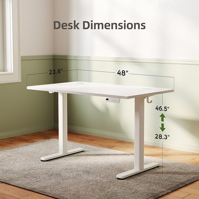 INNOVAR Electric Standing Desk, Adjustable Height Stand up Desks, 48 x 24 Inches Sit Stand up Desk for Home Office Desks, 3-Preset Memory Height Ergonomic Rising Desks, White
