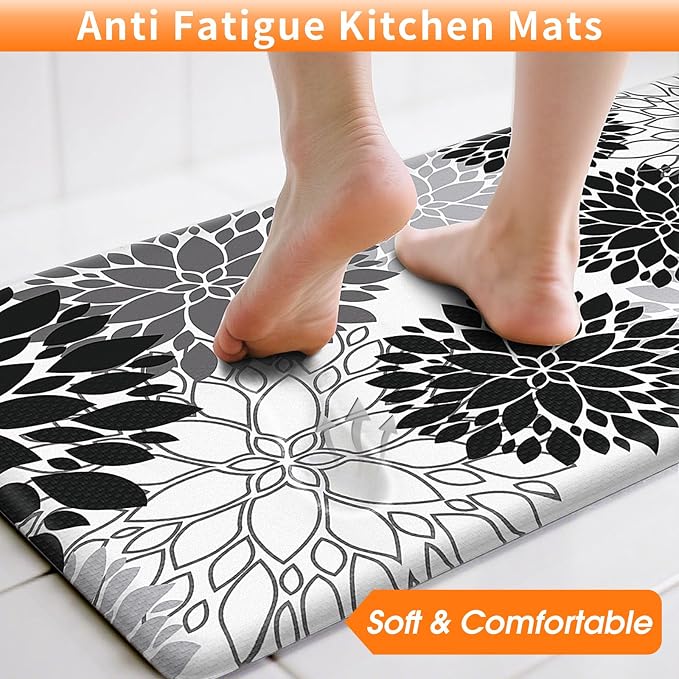 StepLively Kitchen Mats for Floor 2PCS, 0.47" Anti Fatigue Mats for Kitchen Floor, Kitchen Accessories for Sink, Office, Laundry, 17.3"×30"+17.3"×47", White and Black
