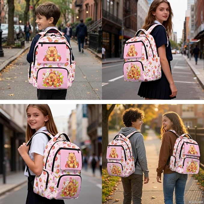 WELLFLYHOM 4 PCS Pink Strawberry Capybara Backpack Set for Girls Ages 8-12 | Multi-Scene Backpack Set With Lunch Box, Pencil Pouch and Water Bottle Sleeve, Great for School, Sports and Short Travel