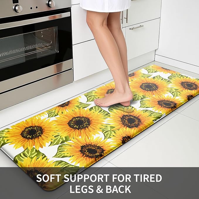 MAYHMYO Sunflower Kitchen Decor Mat Set, 2PC Kitchen Mats, Anti Fatigue | Sunflower Pattern,Yellow docor,Cushioned comfort,Non-slip backing,Easy to clean,Water-resistant,Kitchen,Laundry