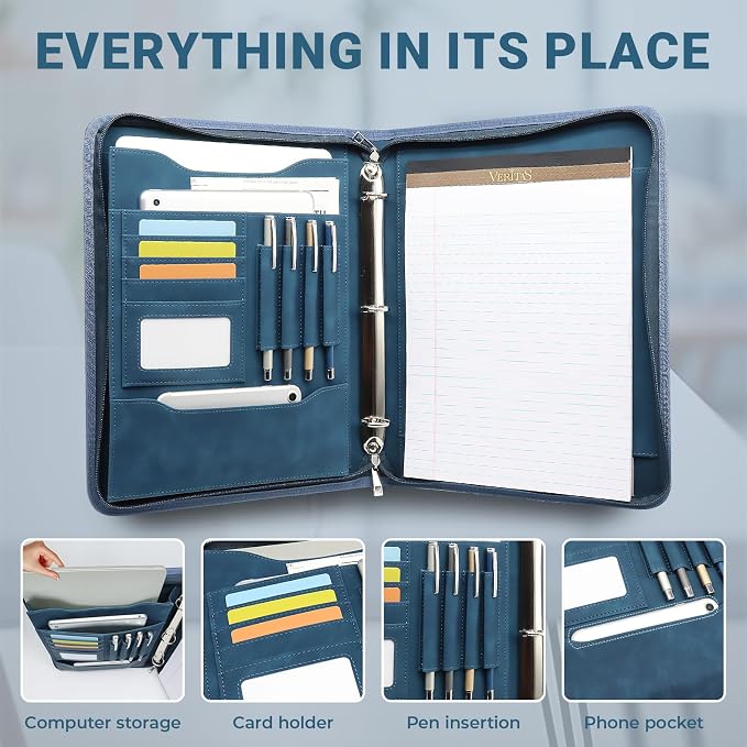 Embossed Faux Leather Zippered Padfolio with 3 Ring Binder, Executive Portfolio Organizer Binder for Women, Fits 13.9" Laptop/Tablet, Refillable Writing Pad Pocket, Blue