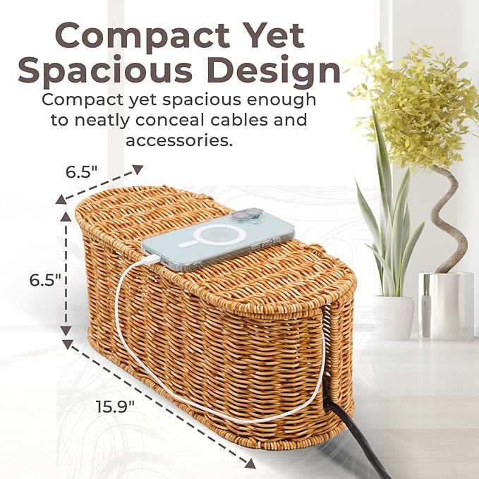 Cable Management Box, Handmade Rattan Cable Organizer, 2 Open Slots Cords Hider Box, Under Desk Cord Organizer for Computer Router USB Hub & Power Strip, 15.9" x 6.5" x 6.5", Natural