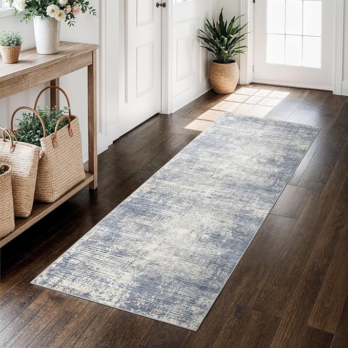 2x5 Hallway Washable Runner Rug - Non-Slip Kitchen Rugs with Rubber Backing Abstract Neutral Low-Pile Carpet Runners for Laundry Room Home Decor Bedroom Bathroom Entryway (Blue Gray,2x5)