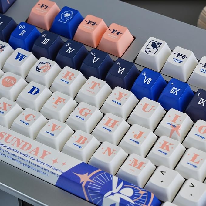 PBT Material Keycaps 130 Keys，Japanese Anime Style Keycaps Cherry Profile Dye Sublimation Keycap Blue White Custom Key Cap Set for Mechanical Keyboard 61/64/75/84/87/104/108 Layout