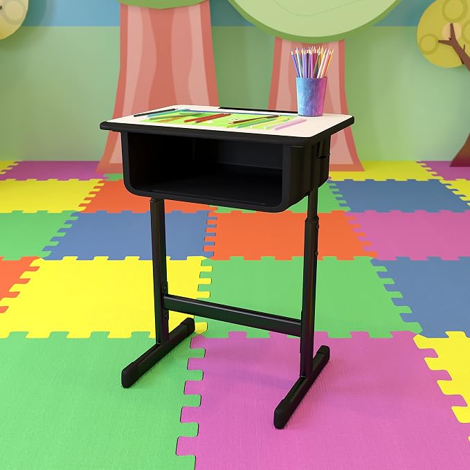 Flash Furniture Billie Student Desks with Grey Tops and Adjustable Height Black Pedestal Frames, Set of 10