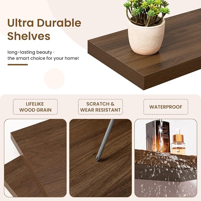 Marsmiles Square Floating Shelves for Wall, 12" W x 12" D x 1.5" H, 3 Pack Small Wall Mounted Engineered Wood Shelves with Invisible Brackets for Living Room, Bedroom, Bathroom, Kitchen Decor, Walnut