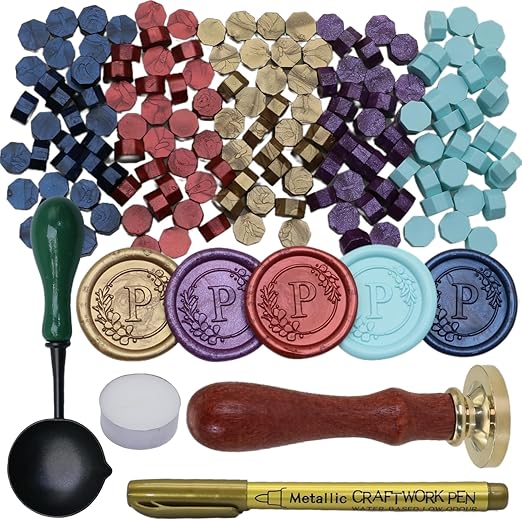 Initial Alphabet Wax Seal Stamp Set, Retro Letter P Sealing Stamp with 150Pcs Sealing Wax Beads in 5 Color, Melt Non Stick Spoon Pen Kit for Wedding and Christmas (P)