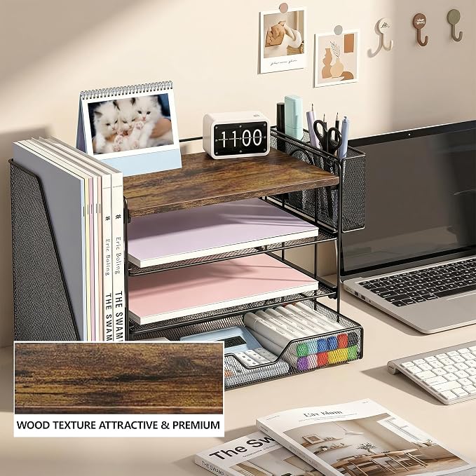 OPNICE Wood Desk Organizers and Accessories, 4-Tier Desktop Paper Letter Tray Organizer with Drawer and Pen Holders, Office Desk Accessories & Workspace Organizers for Home Office Supplies, Brown Wood