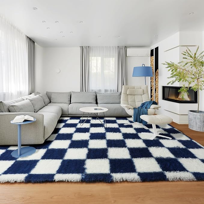 KICMOR Living Room Rug 5x7 Checkered Fluffy Area Rug, Navy Blue and Cream White Fuzzy Shag Shaggy Bedroom Carpets, Soft Plush Indoor Floor Rug for Kids Boys Girls Room Nursery Playroom Home Decor