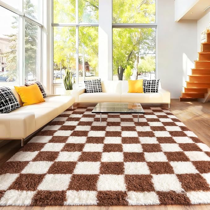 Area Rugs for Living Room 8x10, Ultra Fluffy Shag Checkered Rug Modern Washable Carpet Soft Shaggy Non Slip Indoor Plush Fuzzy Rugs for Bedroom Dorm Office Home Aesthetic Decor, Cream and Coffee