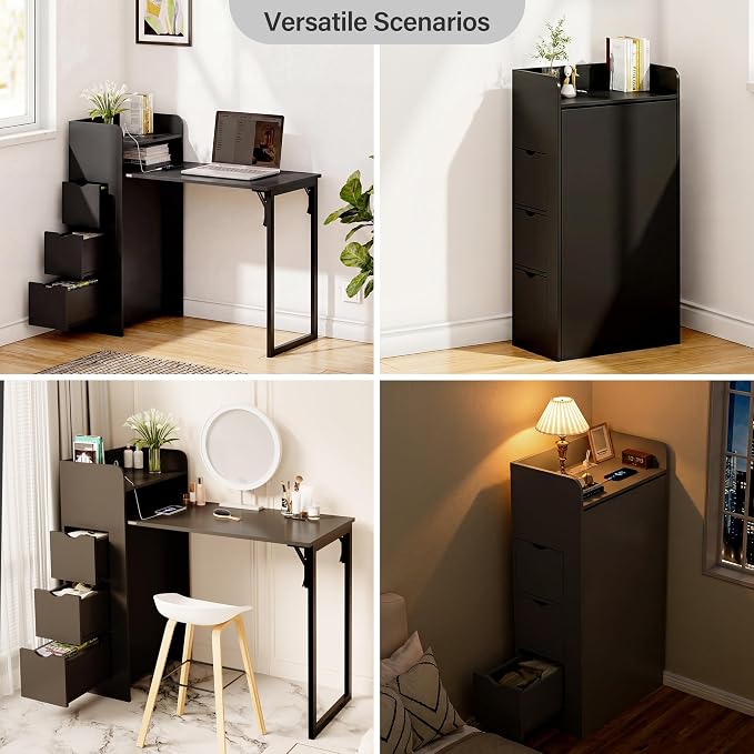 LAUSAINT HOME Wall Mounted Foldable Desk, Space Saving Hidden Desk with Storage & Power Outlet, Fold Out Table for Small Spaces, Home Office Bedroom (Black)