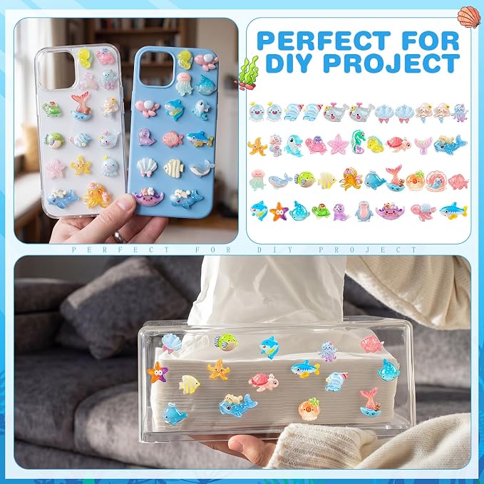 Giegxin 40 Pcs Transparent Resin Charms Sea Animal Shell Mermaid Starfish Turtle Flatback Cabochon Accessories Cute Embellishment Bulk for Jewelry Cellphone Case Scrapbooking Headband DIY Craft Making
