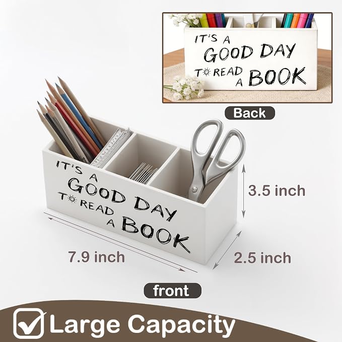 Bookmark Wooden Pen Holder for Desk, Bookish Bookworm Librarian Gifts, It's a Good Day to Read a Book Pencil Organizer Wooden Box Sign for Reading Room Library Classroom Decoration