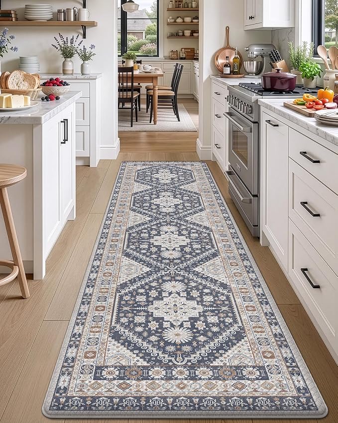 DEXI Kitchen Floor Mats Anti Fatigue, 23x86 Large Cushioned Vintage Runner Rug Waterproof, Standing Comfort Memory Foam Padded for Front Sink Laundry Office, White Grey