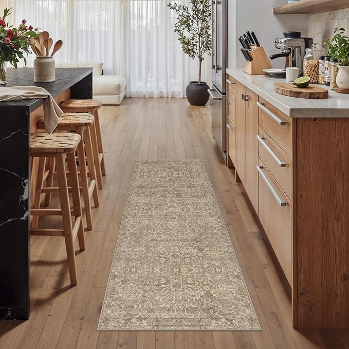 HUGEAR 2x6 Runner Rug Hallway Light Brown Machine Washable Vintage Floral Low Pile Carpet Vacuumable Distressed Long Throw Rug Bedroom Office Bathroom Kitchen Laundry Non Slip Soft Lightweight