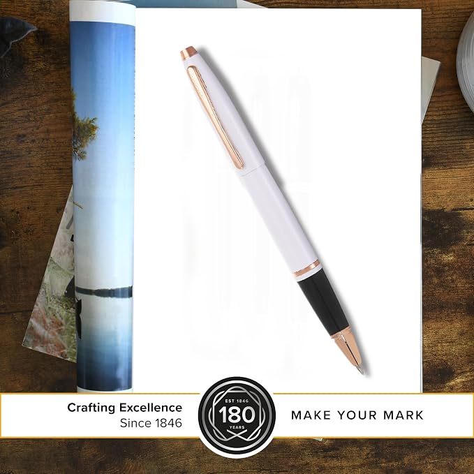 Cross Calais White Lacquer with Rose Gold Appointments Rollerball Pen - High-End Pen for Everyday Use - Professional Desk Essential - Smooth Writing - Durable Construction - Black Ink