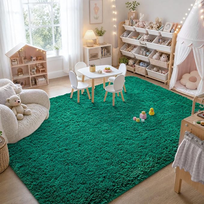 Zentavio Area Rugs for Living Room Small Carpet for Bedroom 3x5 Bedside Washable Soft Fluffy Shag Aesthetic Plush High Pile Throw Rug for Nursery Kids Room Dorm Room Green
