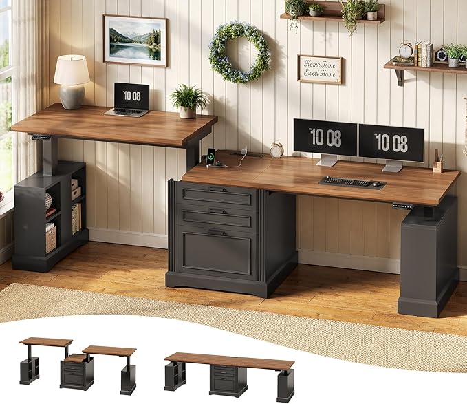 SEDETA Standing Two Person Desk, 98.4'' Farmhouse Long Computer Desk with 3 Drawers, Storage Cabinet, Electric Height Adjustable 2 Person Desk with Power Outlets for Home Office, Black+Brown