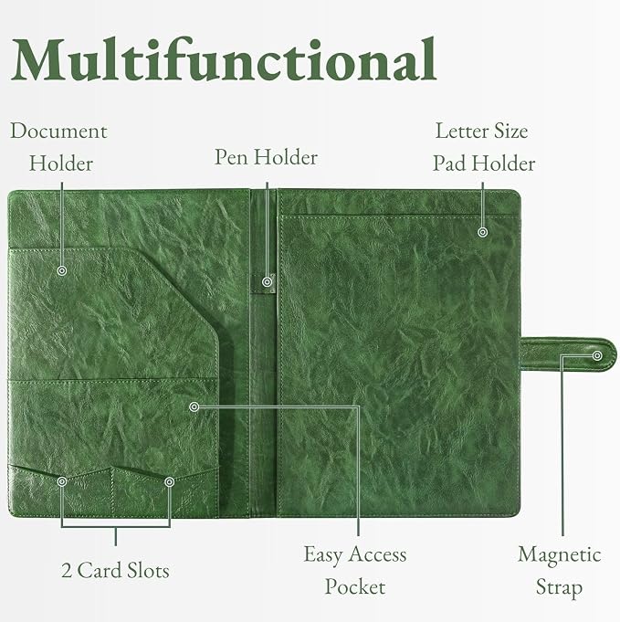 Mymazn Padfolio Portfolio Folder, Faux Leather Interview Resume Folder with Document Organizer & Business Card Holder, Letter-Sized Notepad Legal Pad Holder for Men Women (Green)
