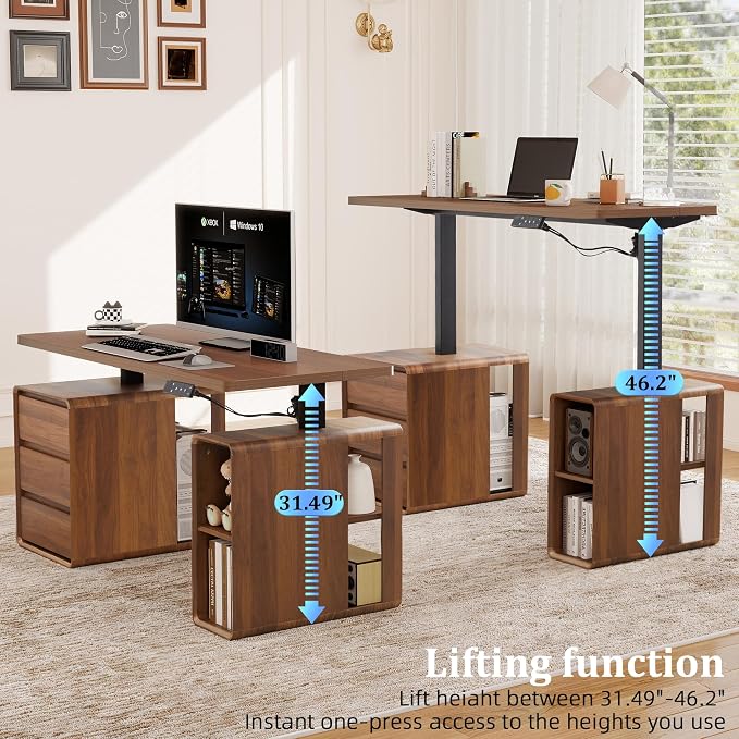 Electric Standing Desk with Drawers, 55" Office Desk Height Adjustable Executive Desk with Storage Shelves, Simple Setup Wood Desk Home Office Stand up Desk for Work, Study, Writing, Walnut