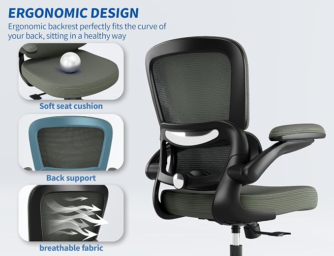 TRALT Ergonomic Office Chair - Desk Chair with Adjustable Lumbar Support Computer Chair - Mesh Comfy Chair with Flip-up Armrests - Gaming Chairs for Adults Home Office (PU Leather, Dark Green)