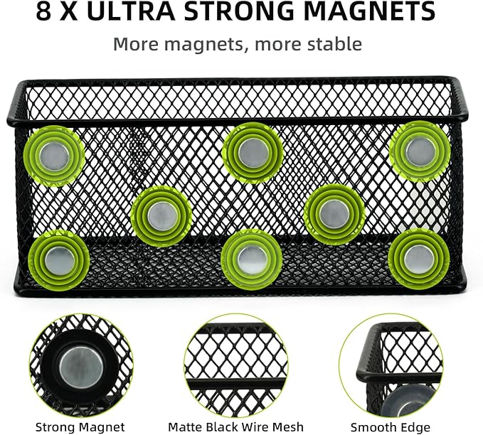 Neudeco Magnetic Locker Organizer, Wire Mesh Storage Baskets, Black | Pack of 3, Magnetic Pencil Holder, For Dry Erase Markers, Fridge, Whiteboard, School Locker