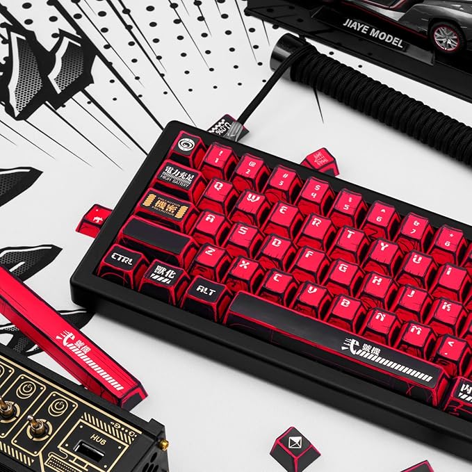 Red and Black PBT Keycaps Set 135 Keys Cherry Profile Manga Japanese Style Keycaps Cherry Mx Gaming Keyboard Keycap Set for ANSI Layout Mechanical Keyboard