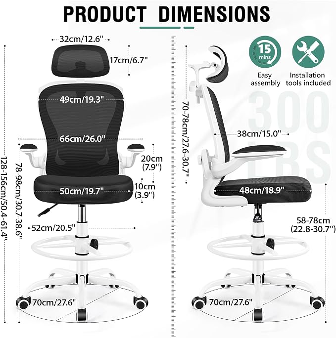 AtHope Drafting Chair, Tall Office Chair with 3D Lumbar & Head Support | Ergonomic Mesh Standing Desk Chair with Footrest Ring, Comfy Extended High Desk Chair with Flip-Up Arms & Hanger, White
