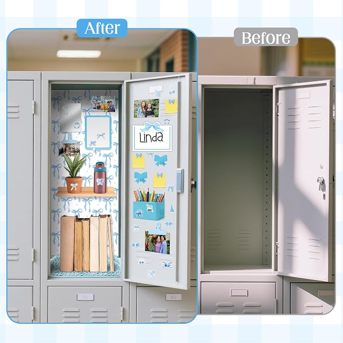 BeYumi Blue Locker Accessories Kit - Back to School Blue Bow Locker Organizer Decoration Supplies for Girls Magnetic Wallpaper Pen Holder Whiteboard Marker Mirror Magnets Rug Classroom Accessories Kit