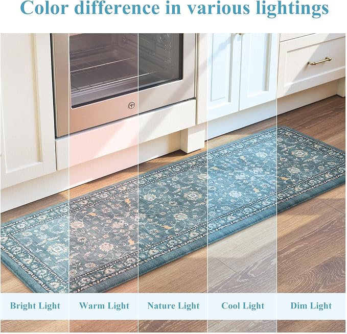 KIMODE Kitchen Floor Mat Anti Fatigue, Cushioned Kitchen Rug 2 Piece | Blue,Memory Foam Kitchen Mat for Floor Cushioned ,Boho Vintage Floral Kitchen Rug Non Slip for Laundry Sink Office Home Decor