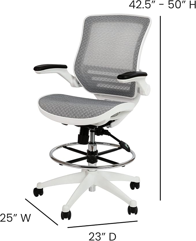 Flash Furniture Waylon Mid-Back Swivel Office Chair with Adjustable Foot Ring and Seat Height, Ergonomic Mesh Chair with Armrests, Gray/White | White Frame, Mid-Back, Flip-Up Arms, Mesh Back