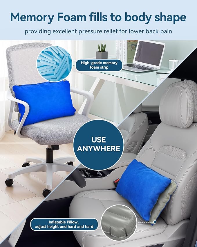 Inflatable Lumbar Pillow for Airplane Travel Lumbar Support Pillow for Car, Office Chair Back Support Office Chair Back Support for Reducing Lower Back Pain (Blue)