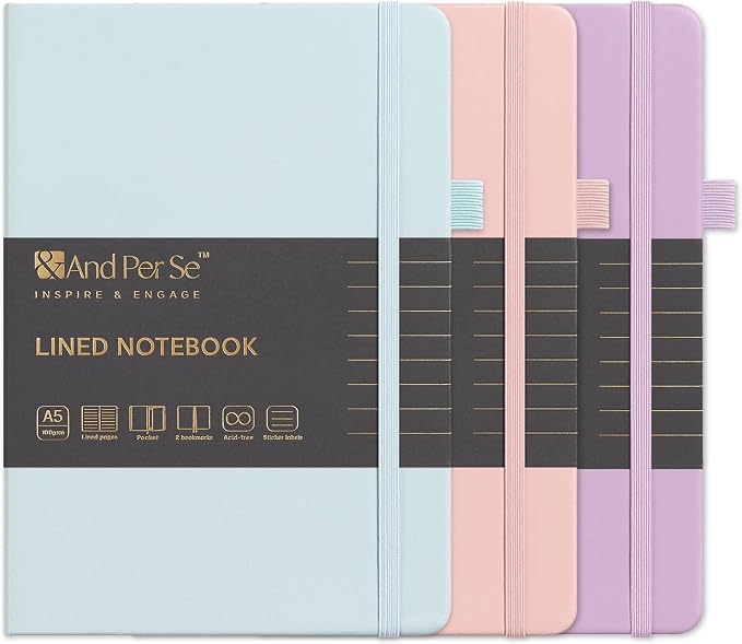 &And Per Se Lined Notebooks 3-Pack Gift Set, A5 Hardcover Journals, 160 Pages 100gsm Thick Paper, 3 Assorted Colors (Cyan, Pink & Purple)