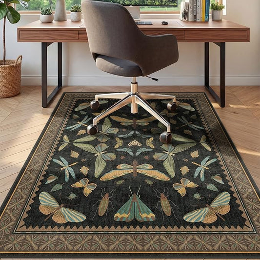 4'x5' Black Office Chair Mat for Hardwood Floors, Insect Boho Design,Non-Slip Low Pile Desk Rug, 48"x60" Small Area Rug for Computer Desk Home Office, Machine Washable WFH Essential for Dorm Room