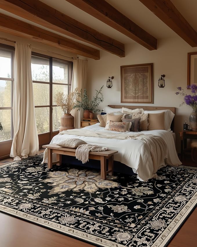 RELEANY Area Rugs 6'x9' Washable Non-Slip, Floral Vintage Distress Medallion Carpet for Living Room Bedroom Dining Room, Black Brown Neutral Dark Tan