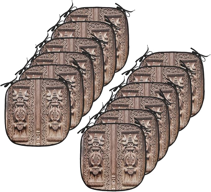 Lunarable Rustic Chair Cushion Pads Set 12, Wooden Carved Door Image Detailed Kathmandu Cultural Facade Print, Anti-Slip Seat Padding for Kitchen & Patio, 16"x16", Brown