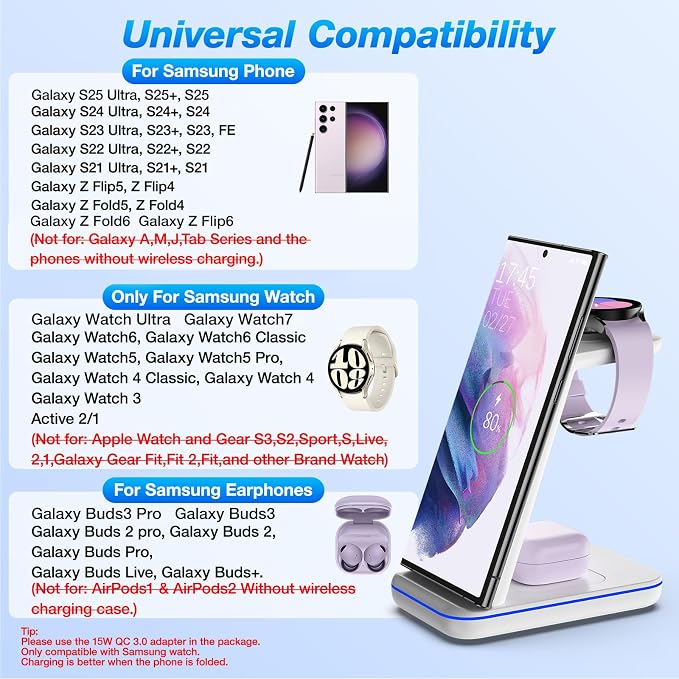 Wireless Charging Station for Samsung/Android, Fast Wireless Watch Charger Station Compatible for Samsung Galaxy S25 Ultra/S24/S23+/Z Flip 7/6 Fold 7/6, Watch8/7/Pro/Active 2 Galaxy Buds3/2 Pro(White)