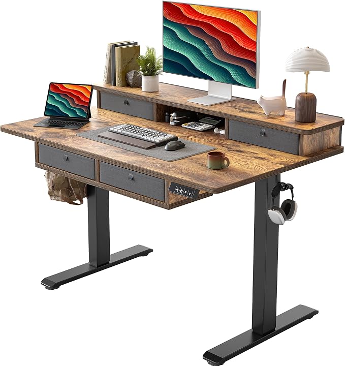 TIQLAB 48 * 28 Inch Standing Desk with Four Drawers, Electric Sit Stand Table, Stand Up Desk Adjustable Height with Storage Shelf, Splice Board, Rustic Brown