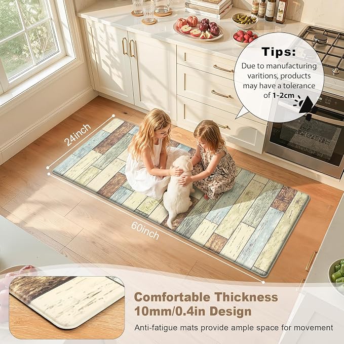 LOKHOM Anti Fatigue Kitchen Mats for Floor, 24x59 Non Slip Modern Cushioned Standing Comfort Kitchen Runner Rug, Waterproof Geometric Patchwork Memory Foam Padded for Sink Laundry Office, Dusty Aqua