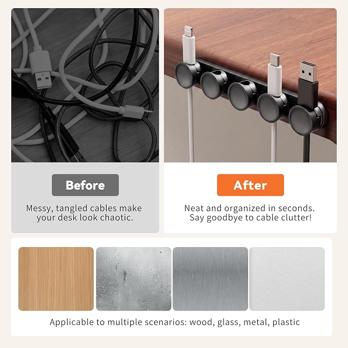 5 in 1 Magnetic Cord Organizer Set + 1 * 360°Rotating Cable Clips [ 1S Lock & Cable Smooth Adjustable] Strong Adhesive Cord Holder for Car Office Desk Cable Management, Desk Accessories for Men Women | 5 in 1 Magnetic Cord Organizer，360°Rotating Cable ...