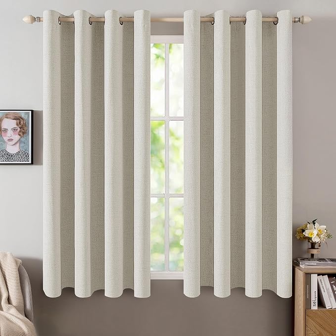 MIULEE Linen Texture Curtains for Bedroom Light Cream 100% Blackout Thermal Insulated Linen Curtains Grommet Room Darkening Drapes for Living Room 52x63 Inch (2 Panels)