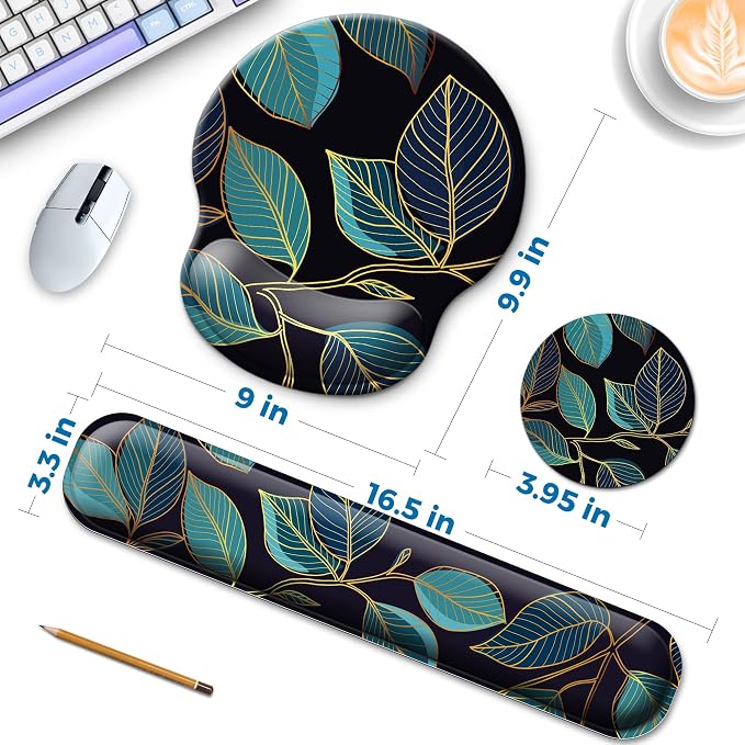 Mouse Pad and Keyboard Wrist Rest Support, with Non-Slip PU Base,Gel Mouse Pad with Coaster,Pain Relief for Gaming, Computer,Office -Golden Leaves