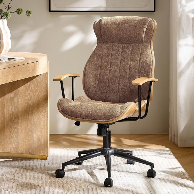HULALA HOME Solid Wood Office Chair with High Backrest, Camel | Mid Century Modern Bentwood Desk Chair with Tilt Function, Swivel Fabric Computer Task Chair, Height Adjustable, Metal Base